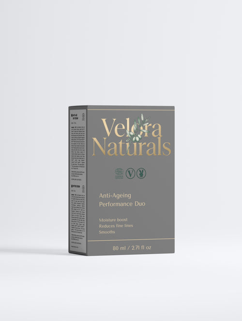 Velora Naturals Anti-Ageing Performance Duo gift box — peptide serum and day cream skincare set, COSMOS certified vegan anti-ageing duo