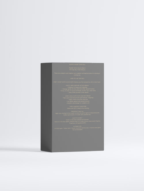 Velora Naturals Anti-Ageing Performance Duo box back view — product details, ingredients list, and usage instructions for peptide serum and day cream set