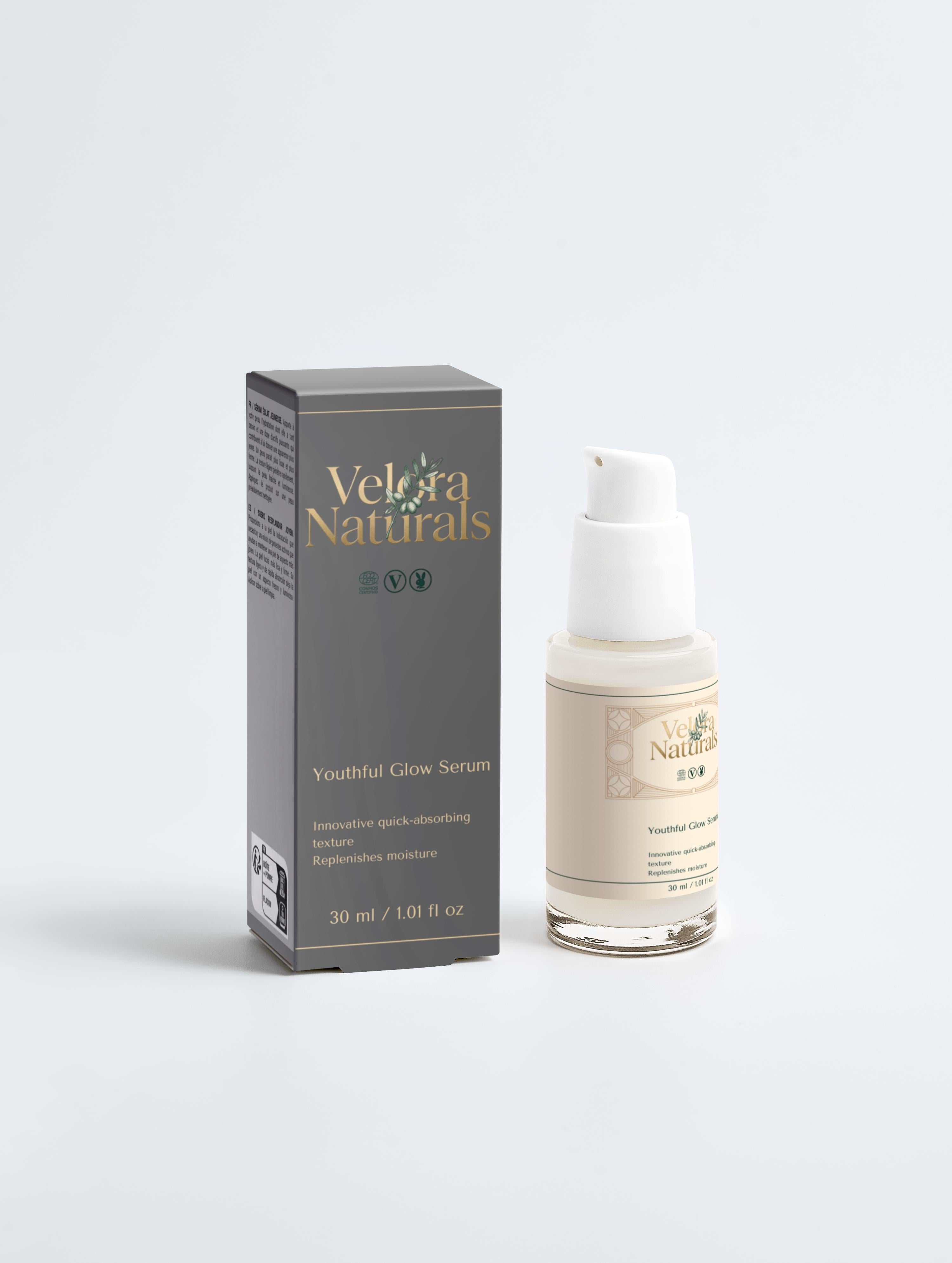 Velora Naturals Youthful Glow Serum bottle and box — hydrating face serum included in Glow Lab Bundle, COSMOS certified vegan anti-ageing skincare trio