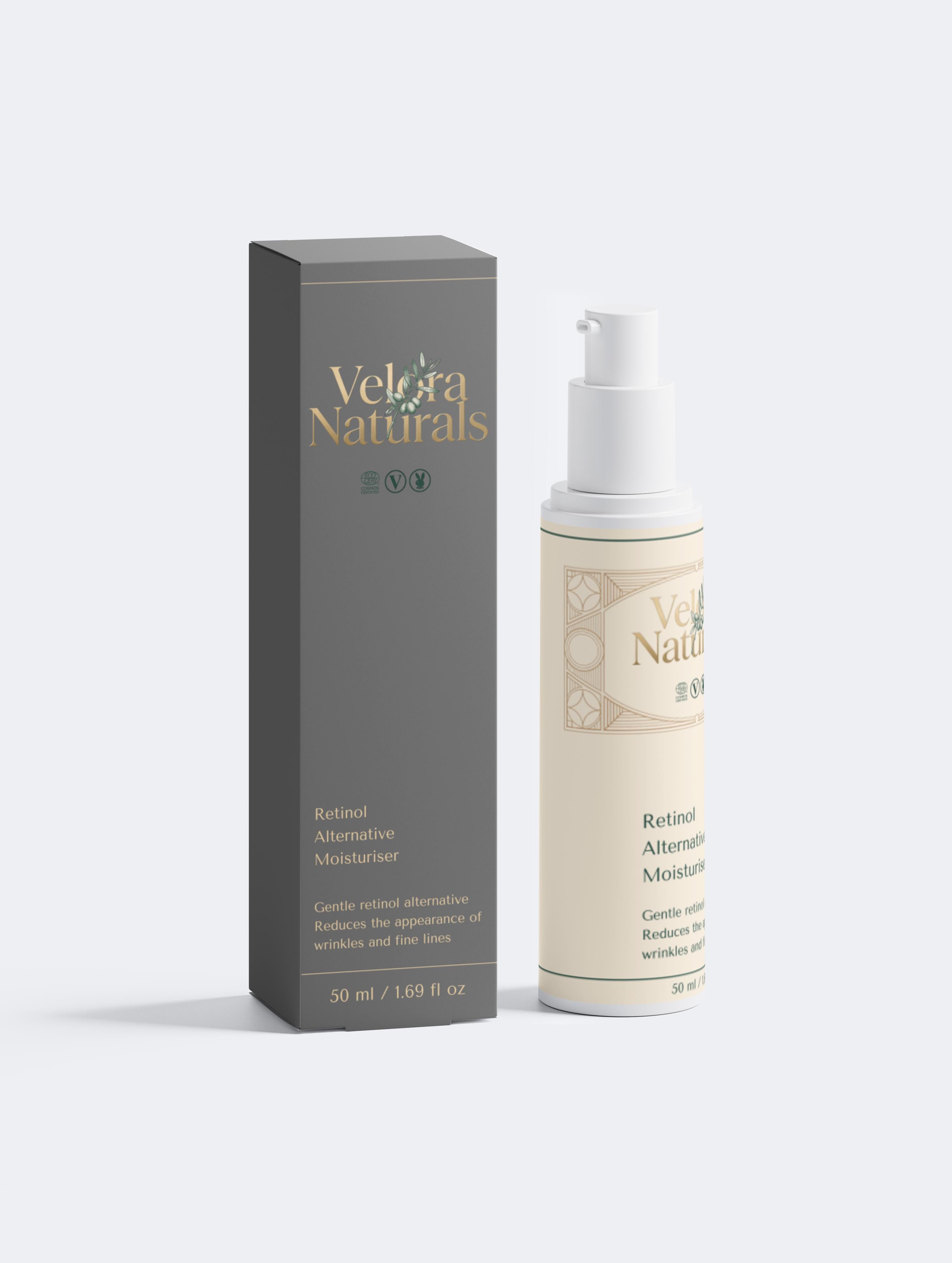 Velora Naturals Retinol Alternative Moisturiser bottle and box — bakuchiol anti-ageing cream, COSMOS certified vegan skincare
