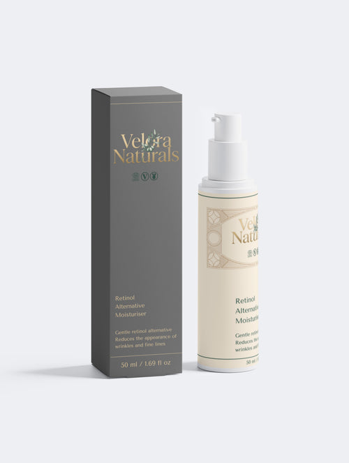 Velora Naturals Retinol Alternative Moisturiser bottle and box — Bidens Pilosa plant-based retinol alternative anti-ageing cream, COSMOS certified vegan skincare