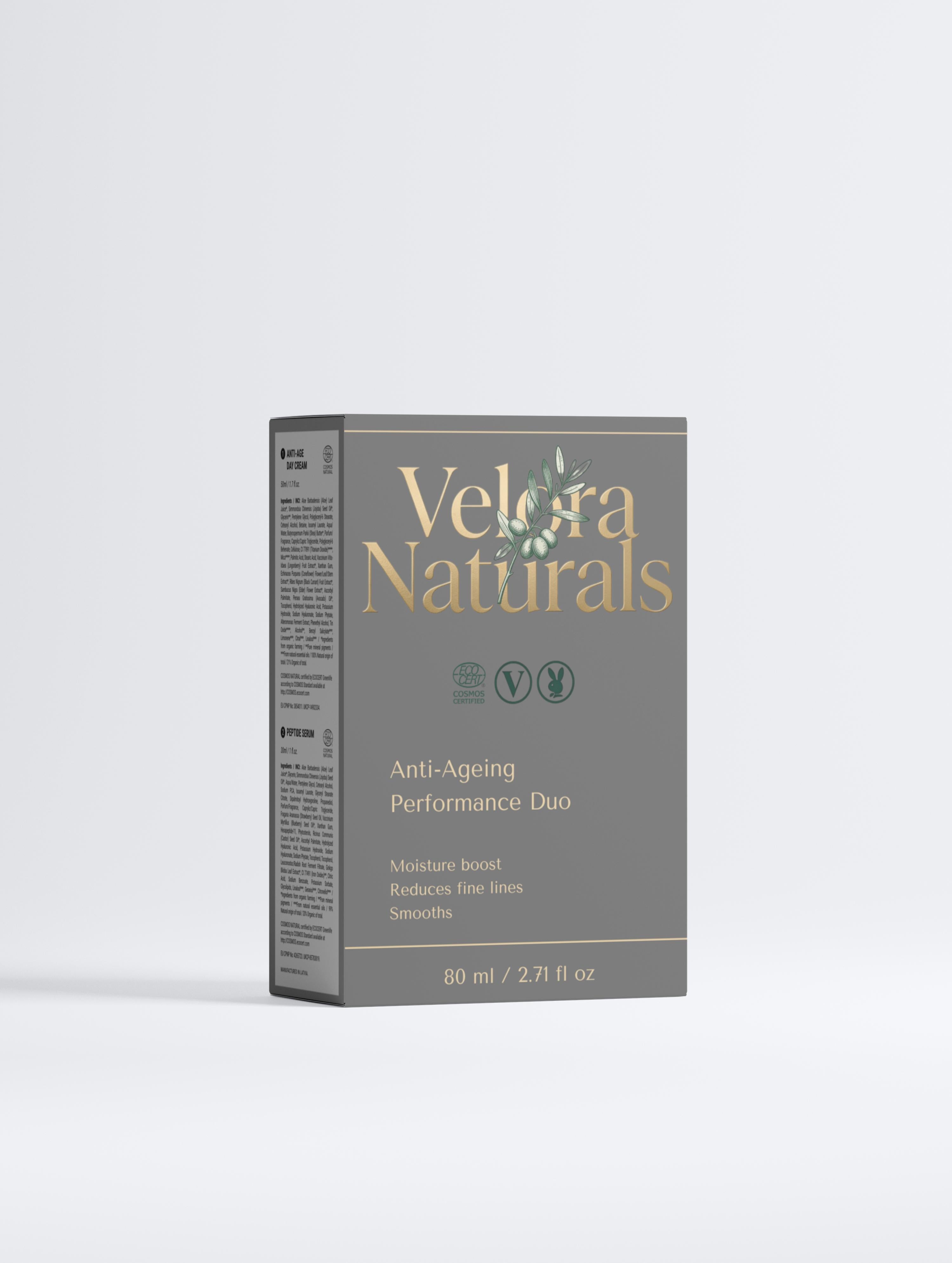 Velora Naturals Anti-Ageing Performance Duo front angle — luxury natural skincare gift set with moisture boost, fine line reduction, and smoothing benefits