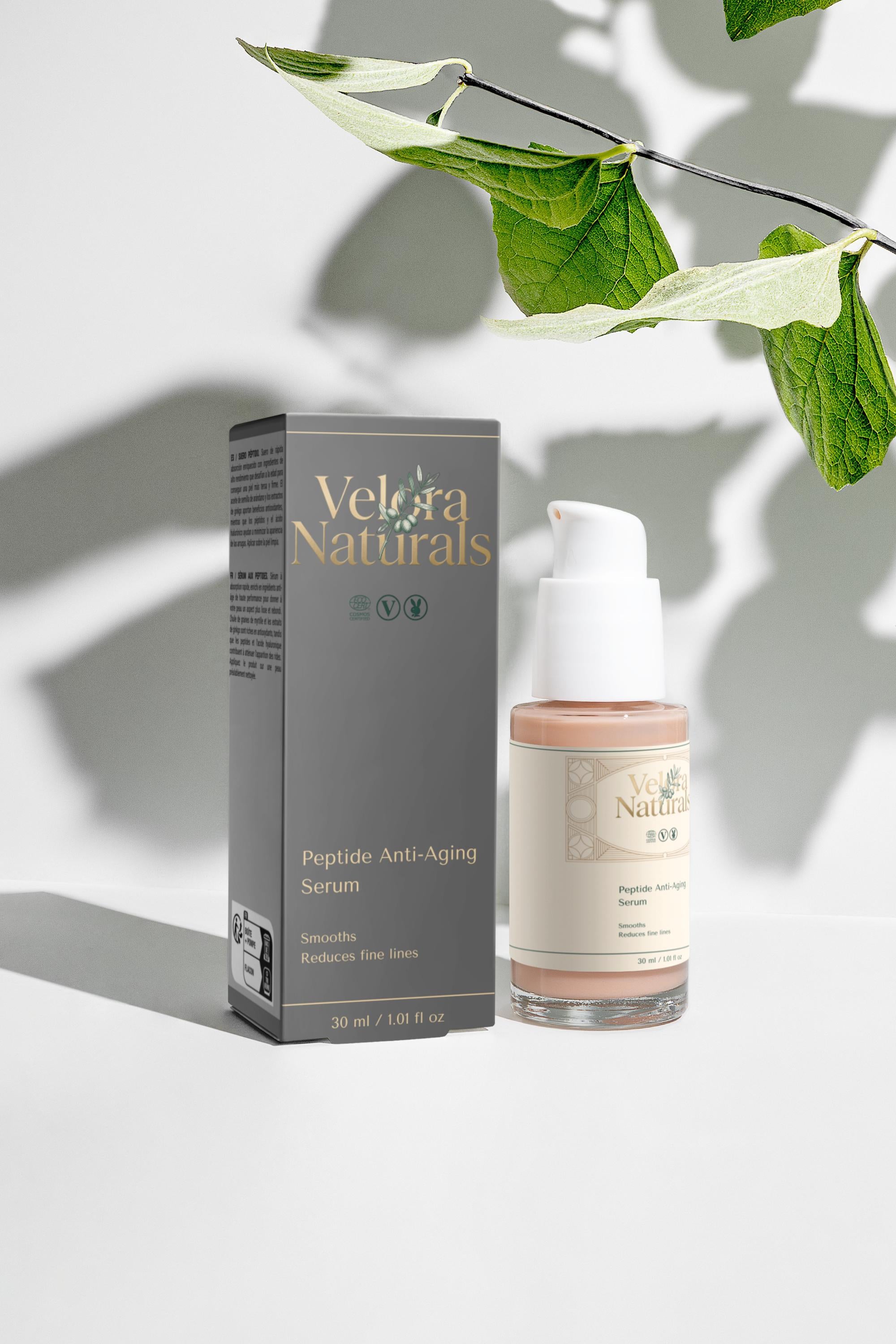 Velora Naturals Peptide Active Serum bottle and box lifestyle — anti-ageing peptide serum with botanical accents, part of the Complete Ritual Bundle