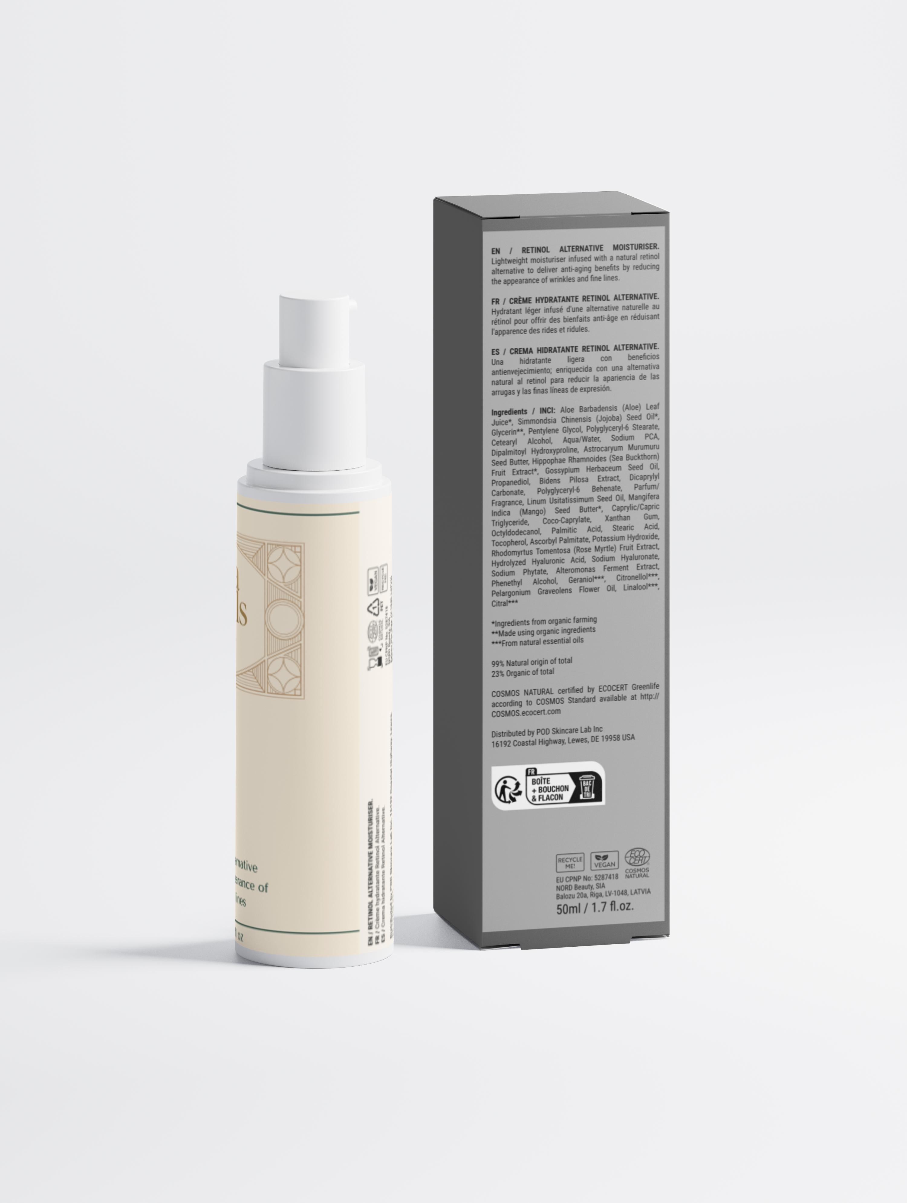 Velora Naturals Retinol Alternative Moisturiser back view — natural ingredient list and COSMOS certification details, cruelty-free vegan formula